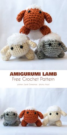 crocheted amigurmi lambs are shown in three different colors and sizes