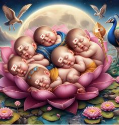 three babies are sleeping on top of a flower with birds flying around them in front of a full moon