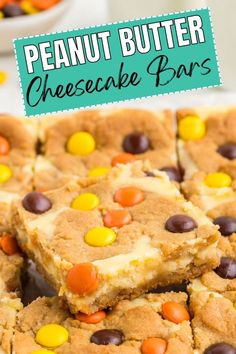 peanut butter cheesecake bars stacked on top of each other with candy corn in the middle