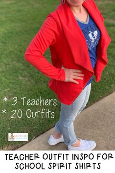 a woman standing on the sidewalk with her hands on her hips and text overlay that reads, 3 teachers 20 outfits teacher outfit info for school spirit shirts