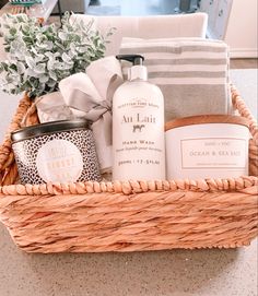 a basket filled with personal care items on top of a counter