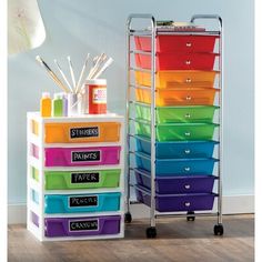 multicolored drawers with labels on each drawer