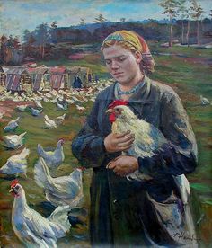 a painting of a woman holding a chicken in her hands and chickens on the ground behind her