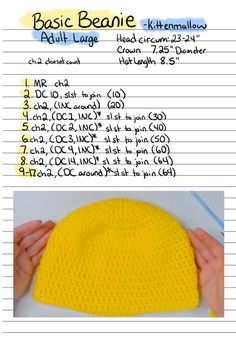 a crocheted beanie is shown with instructions to make it look like an adult size hat