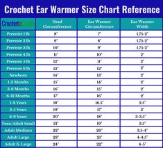 the size chart for crochet ear warmers