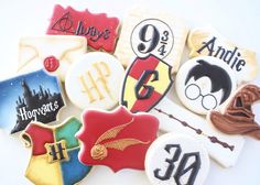 harry potter themed cookies are arranged on a table