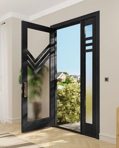 an open black door in a white room