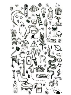 a drawing of various items that are drawn in black ink on white paper, with stars and