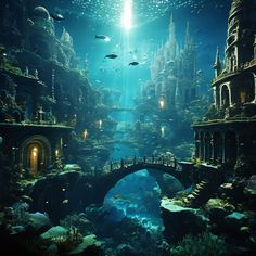 the underwater city is surrounded by fish and corals, as well as an arched bridge