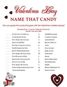 valentine's day name that candy game with teddy bear and hearts on the back