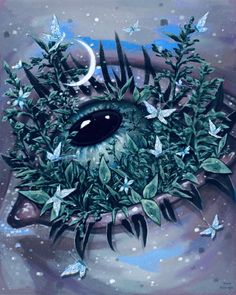 a painting of an eye surrounded by plants and butterflies with the moon in the background