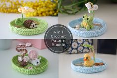 crochet patterns for small baskets with flowers and animals in them, including a bird