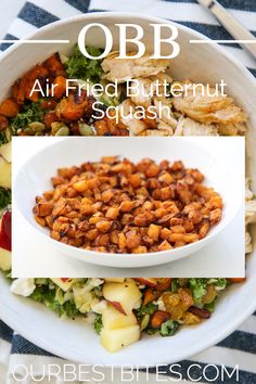 a white bowl filled with food and the words obb air fried butternut squash