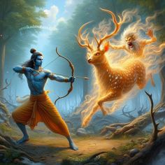 an image of lord rama and deer in the forest with fire coming from their backs