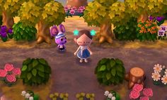 an animal crossing game with two animals in the background and flowers on the ground behind it