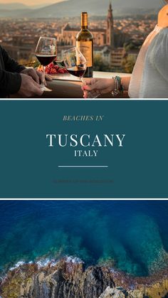 two people sitting at a table with wine glasses in front of them and the words tuscany italy