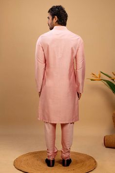 Pink kurta with a cross pintucked yoke design and applique work in self embroidered kota silk fabric. Paired with a matching churidar. - Aza Fashions Trouser For Men, Peach Jacket, Applique Jacket, Yoke Design, Pink Kurta, Men Kurta, Applique Work, Light Peach, Fashion App