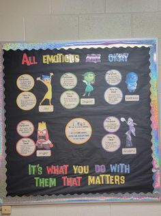 a bulletin board with information about emotions and other things to do in the classroom on it