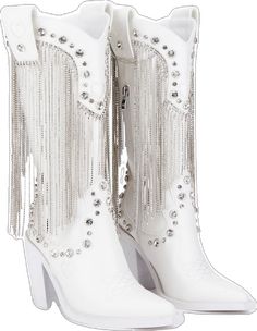 Western Boots With Rhinestone Fringe For Fall, Western Rhinestone Fringe Boots For Fall, Western Party Boots With Fringe, Party Leather Boots With Rhinestone Fringe, Leather Party Boots With Rhinestone Fringe, Western Boots With Rhinestone Fringe And Round Toe, Dolls Kill Boots, Fringe Cowboy Boots, White Cowboy Boots