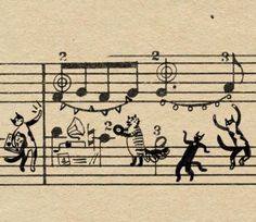 an old music note with cats and dogs dancing on the trebles, as well as musical notes