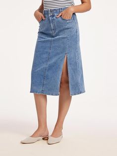 Jupe en jean taille haute fendue bleue
Numéro de marchandise : 1B3R2A050
 • Type d'ajustement :Ajustement
• Élastique :micro-élastique
• Épaisseur : modérée Midi Denim Skirt, Midi Denim, Denim Midi Skirt, Jeans Rock, Denim Skirt, Fitness Models, Inside Out, High Waist, Shop Now