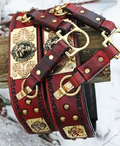 a red leather dog collar with gold hardwares and lion heads on the front, sitting on a piece of wood in the snow