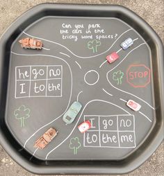 a chalk board with cars and stop signs on it that says, can you park the older as one birthday mom spaces?