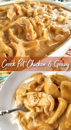 two pictures of food with peanut butter on top and in the bottom, there is a bowl full of chicken and gravy