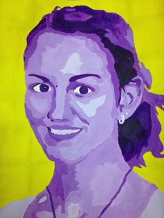 a painting of a woman's face on a yellow and purple background is shown