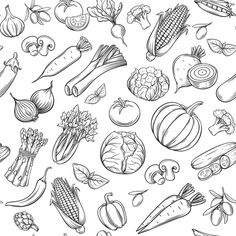 a bunch of vegetables that are drawn in black and white