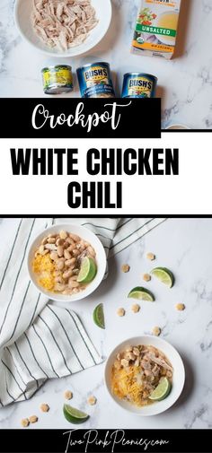 image with text overlay that says crockpot white chicken chili and an image of the ingredients needed to make the recipe and the recipe in two small white bowls below it Chicken Chili With Rotisserie Chicken, White Chicken Chili With Rotisserie, Slow Cooker Chicken Chilli, White Chili Crockpot, White Chili Chicken Recipes, Crockpot Rotisserie Chicken, White Chicken Chilli, Easy White Chicken Chili, White Chicken Chili Recipe Crockpot