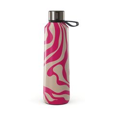 a pink and white water bottle with a black lid on a white background thermos is also designed to look like an animal print