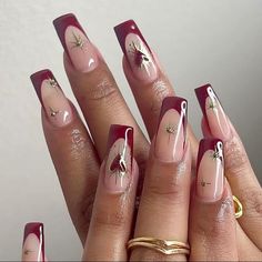 Red And Gold Nails Medium, Junior H Nails Designs, Square Nail Inspo Fall, Pretty Nails For Fall Simple, Nails For Any Occasion, French Maroon Nails, Plum Square Nails, Goddess Nails Square, Fall Nail Inspo Short Square Nails