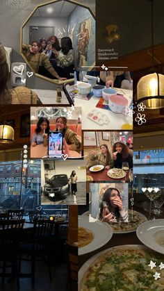 a collage of photos with people eating and drinking