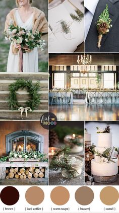 the wedding color scheme is brown, green and white