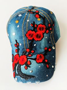 Rhinestones and Embroidered Flowers Jeans Hat Cap Beautiful hat, jeans denim fabric, Adult / one size / Adjustable strap ensures a solid and comfortable fit. We ship within one business day. Denim Blue Baseball Cap For Spring, Denim Snapback Baseball Cap For Spring, Adjustable Denim Visor Hat, Spring Adjustable Denim Blue Baseball Cap, Jean Hat, Printed Tankini, Tie Dye Shorts, Yoga Pants Women, Beautiful Hats