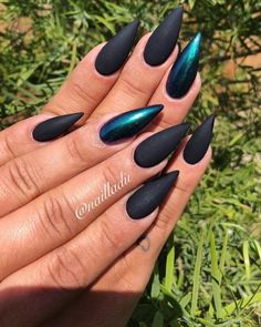 Teal And Black Nails, Weird Nails, Bridal Nails Designs, Pointy Nails, Matte Black Nails, Nail Shimmer, Crazy Nails, Goth Jewelry