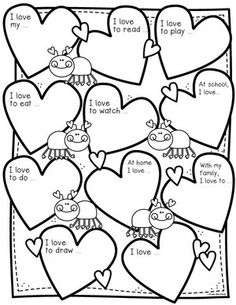 valentine's day worksheet for kids with hearts and animals in the center