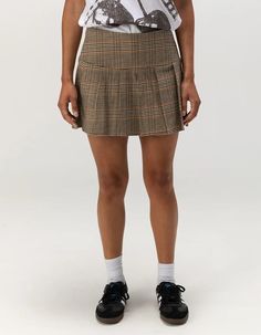 RSQ Womens Mid Rise Plaid Pleated Skirt - BROWN COMBO | Tillys Casual Mini Hem Pleated Skirt, Fall High Waist Lined Tennis Skirt, High Waist Lined Tennis Skirt For Fall, Fall High-waisted Lined Tennis Skirt, Fall Tennis Skirt With Lining, High Waist Plaid Skort, Fitted Pleated Mini Skirt Casual Style, Fitted Casual Pleated Mini Skirt, Fitted Casual Pleated Mini-length Skirt