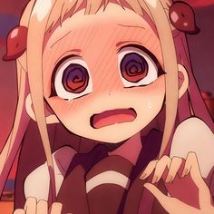 an anime character with long blonde hair and big eyes, staring at the camera while holding her hand on her shoulder