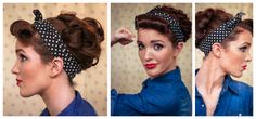 Rockabilly hair. Rosie the riveteer. Retro updo with hairband. Pin Up Hair Tutorial, Short Cropped Hair, Hairstyles Vintage, Freckled Fox, Vintage Hairstyle