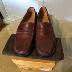 Tod’s Brown Leather Loafers With Red “Ferrari” Stitching Casual Red Leather Dress Shoes, Classic Red Leather Slip-ons, Red Leather Casual Business Shoes, Red Casual Leather Shoes For Business, Classic Red Moc Toe Loafers, Red Leather Moc Toe Loafers, Red Leather Moccasins With Moc Toe, Red Casual Slip-on Dress Shoes, Red Plain Toe Casual Loafers