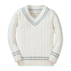 Stay sharp in our preppy cable knit cricket sweater in plush organic cotton. Beautiful cable knit adorns the entire sweater and is trimmed in contrasting stripes at the neck, sleeves and hem. This is a sweater to treasure and pass down for years to come. 100% Organic Cotton, exclusive of trims. Garment is 100% GOTS-Certified Organic. Learn more about certifications here. Certificate #: ONE-2924 Cable knit throughout entire sweater. Contrasting stripes at the neck, sleeve cuffs, and bottom hem. M Cricket Sweater, Tennis Sweater, Brand Store, Soft White, Quality Clothing, The Well, Cable Knit, Pullover Sweaters, Sleeve Styles