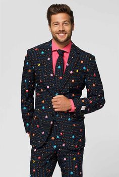 a man in a suit with colorful designs on it