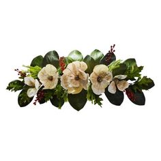 an arrangement of flowers and greenery on a white background