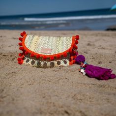 ***Tassel additional click here to purchase 10" x 7" Straw Clutch, Pom Pom Trim, Beach Bag, Click Here, Tassels, Straw, Pom Pom, Trim, Orange