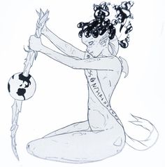 a black and white drawing of a woman sitting on the ground holding a ball in her hand