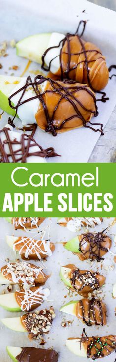 caramel apple slices with chocolate drizzled on them and apples in the background