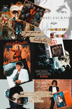 the collage shows many different pictures and words on it's side, including an image of michael jackson