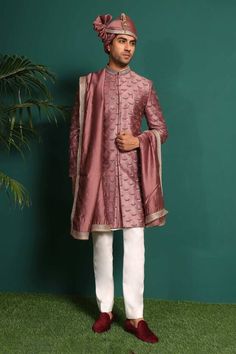 Dusty pink full sleeve sherwani with bead, sequin embroidery in scallop pattern. Paired with kurta and pant. - Aza Fashions Pink Bandhgala With Zari Work And Long Sleeves, Pink Long Sleeve Bandhgala With Zari Work, Pink Sherwani With Mirror Work For Designer Wear, Bollywood Style Pink Sherwani With Mirror Work, Fitted Pink Bandhgala With Dabka Work, Pink Fitted Bandhgala With Dabka Work, Pink Bollywood Sherwani With Mirror Work, Designer Pink Raw Silk Sherwani, Pink Sherwani With Mirror Work For Festivals